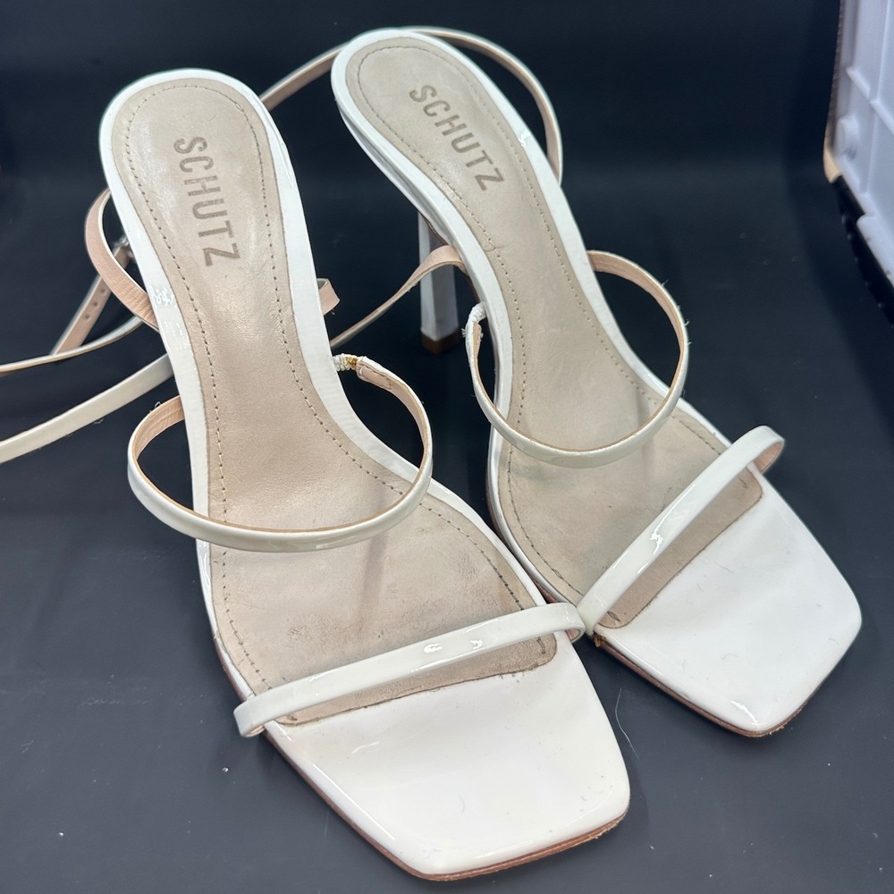 Schutz Strappy Heeled Sandals Womens 7.5B White Patent Square Toe Wrap 1364
